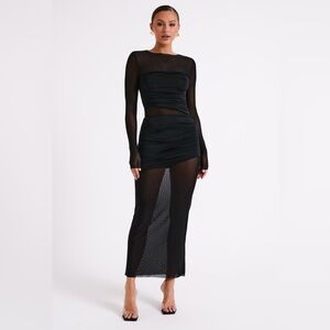 Meshki Black Sheer Long Sleeve Ruched Maxi Dress